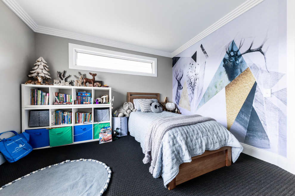 Inspiration for a contemporary kids' bedroom for kids 4-10 years old and boys in Melbourne with grey walls, carpet and grey floor.