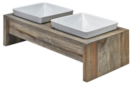 Artisan Rubberwood Double Elevated Dog Bowl Feeder, Fossil, Small