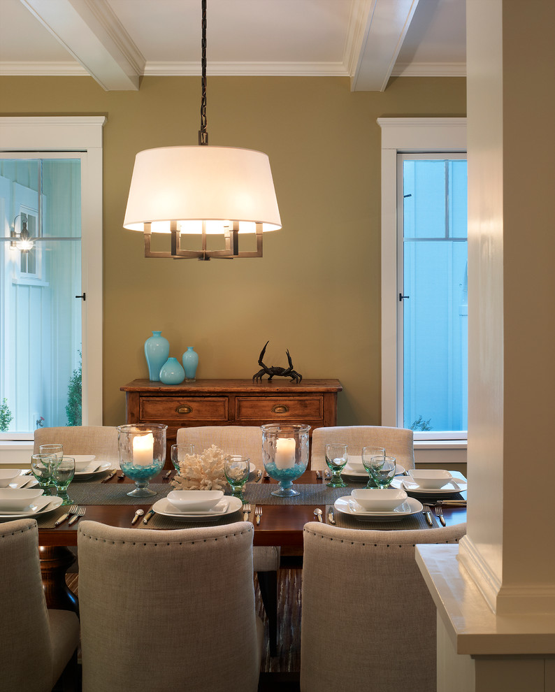 Photo of a beach style dining room in DC Metro with dark hardwood floors.