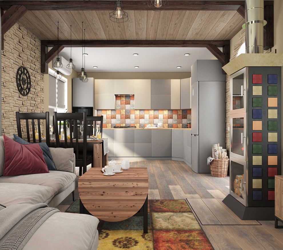 Дизайн-проект кухни гостиной с печью-камином