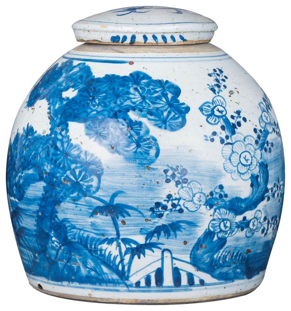 Legend of Asia Blue And White Vintage Ming Small Jar With Pine Motif