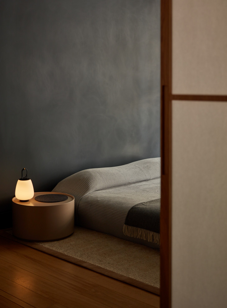 Diseño de dormitorio principal moderno pequeño con paredes negras y suelo de madera en tonos medios