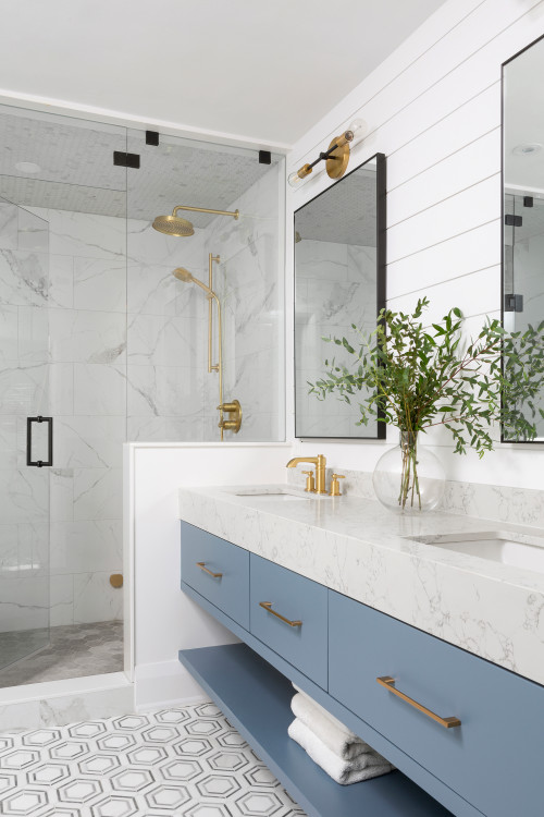 Blue Flat Panels Brilliance: Bathroom Vanity Sink Inspirations with Brass Hardware