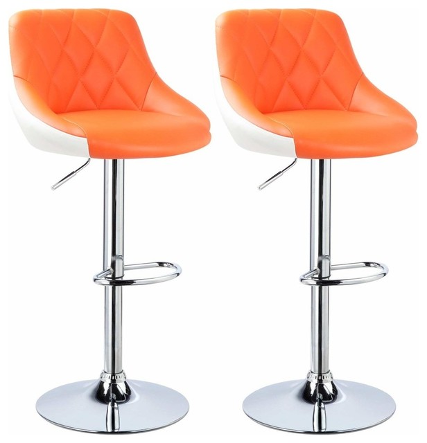 Set of 2 Bar Stools Upholstered, Faux Leather, Adjustable Height, Orange