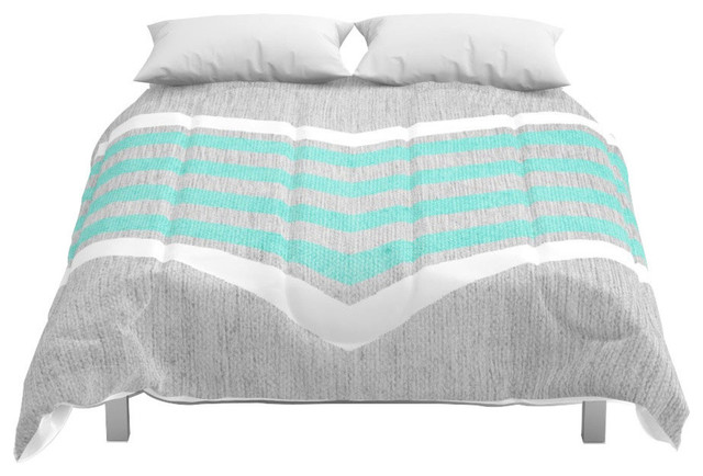 Society6 Teal And White Chevron On Silver Grey Wood Comforter