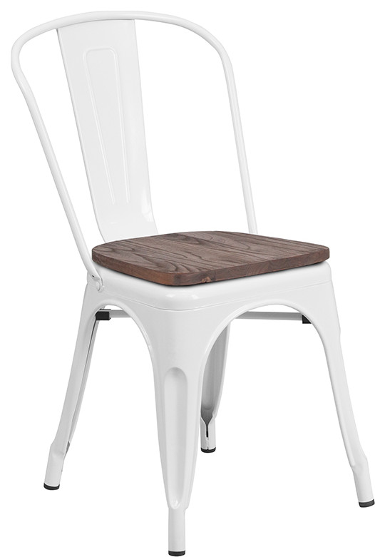 Industrial Style White Metal Stackable Restaurant Chair with Wood Seat 