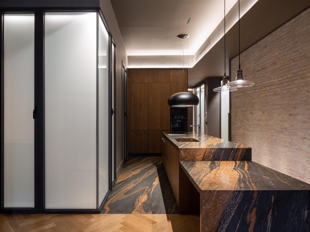 Inspiration for a large contemporary single-wall separate kitchen in Valencia with an integrated sink, flat-panel cabinets, medium wood cabinets, marble benchtops, panelled appliances, marble floors, with island, brown floor, brown benchtop and exposed beam.