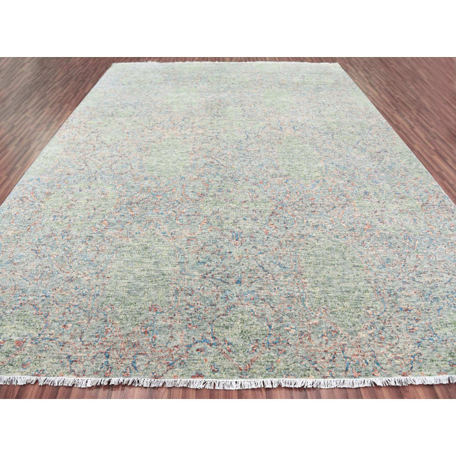 Green,Obscured and Subtle Collection,Hand Knotted, Oriental Rug, 12'x15 ...