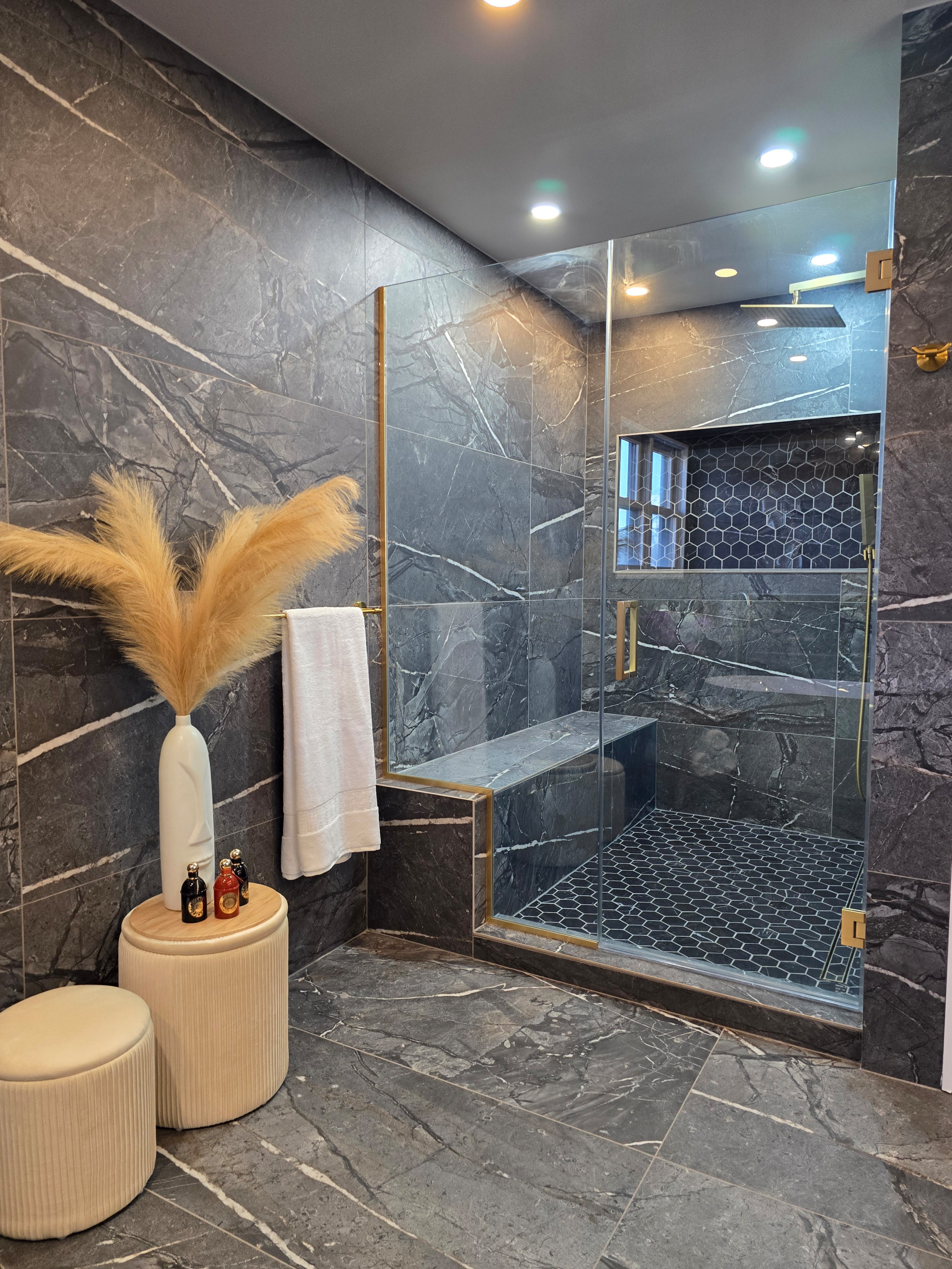 Main Bath full remodeling with custom vanity, freestanding tub & walk-in shower