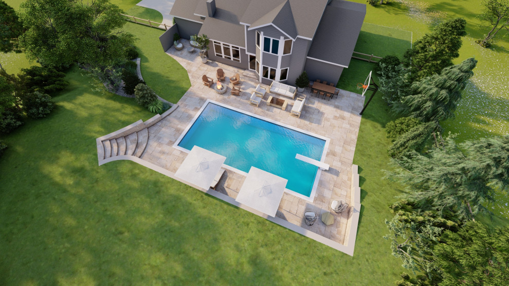 Design ideas for a mid-sized modern backyard rectangular pool in DC Metro with with a pool and brick pavers.