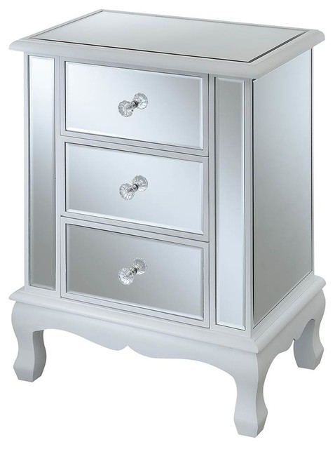 Vineyard 3 Drawer Mirrored End Table In White Transitional Vineyard 3 Drawer Mirrored End Table In