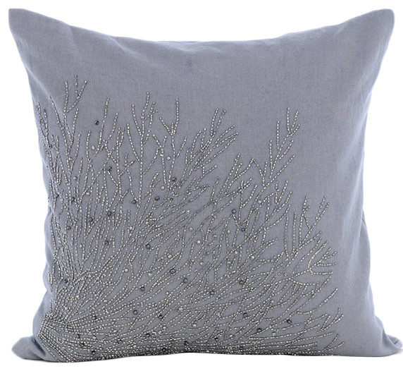 Beaded Garden Shrub Gray Shams, Cotton Linen 24"x24" Pillow Shams, Silver Shrub