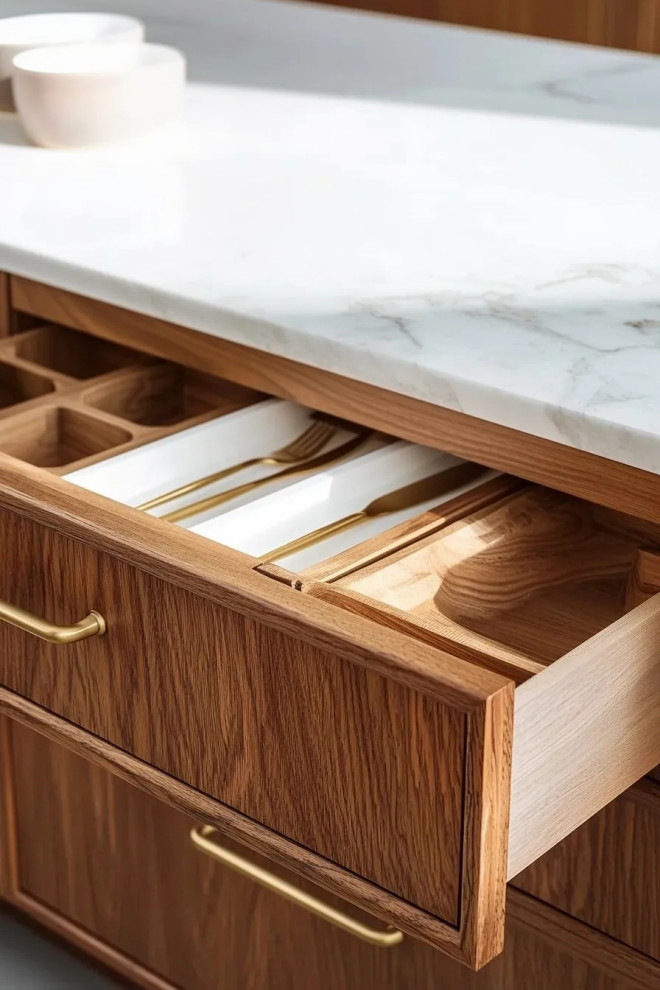 Design ideas for a large classic galley open plan kitchen in London with a belfast sink, flat-panel cabinets, marble worktops, white splashback, marble splashback, stainless steel appliances, light hardwood flooring, an island, white worktops and a coffered ceiling.