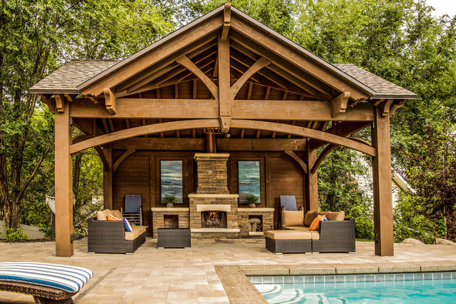 Poolside Timber Frame Pavilion w/Fireplace & Chandelier - Craftsman