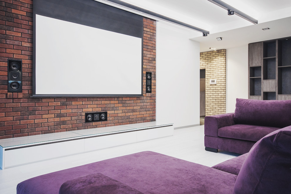 Design ideas for a large contemporary open concept home theatre in Moscow with a projector screen.