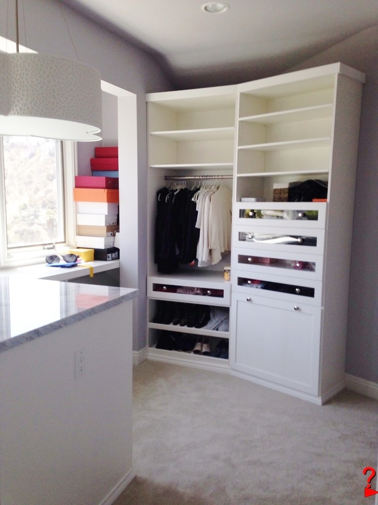 Mid-sized modern women's storage and wardrobe in Los Angeles with recessed-panel cabinets and white cabinets.