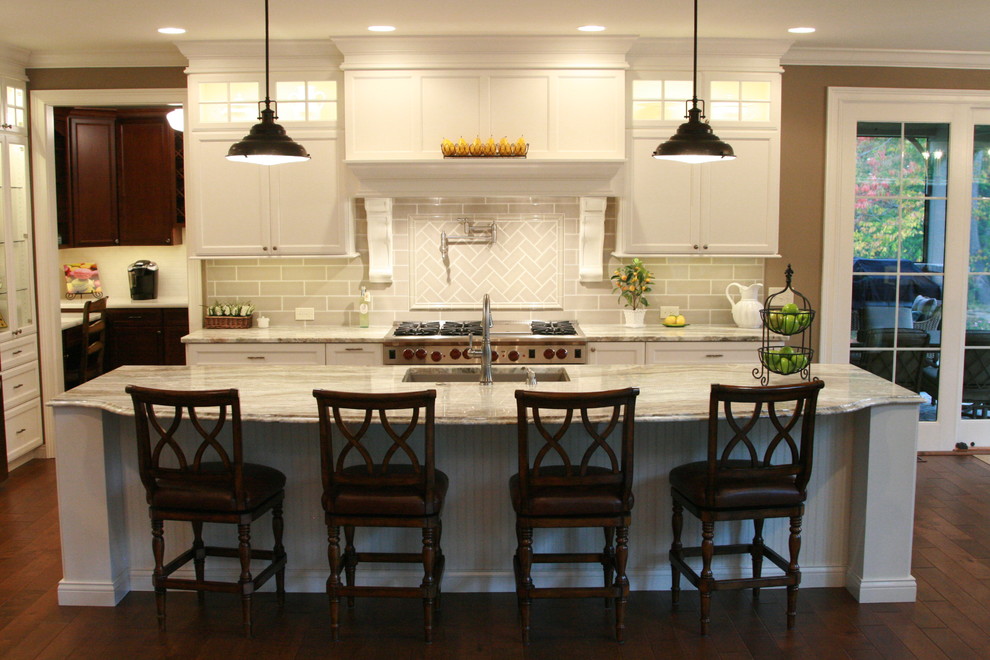 Example of a large transitional l-shaped medium tone wood floor open concept kitchen design in Cincinnati with an undermount sink, flat-panel cabinets, white cabinets, granite countertops, gray backsplash, subway tile backsplash, stainless steel appliances and an island