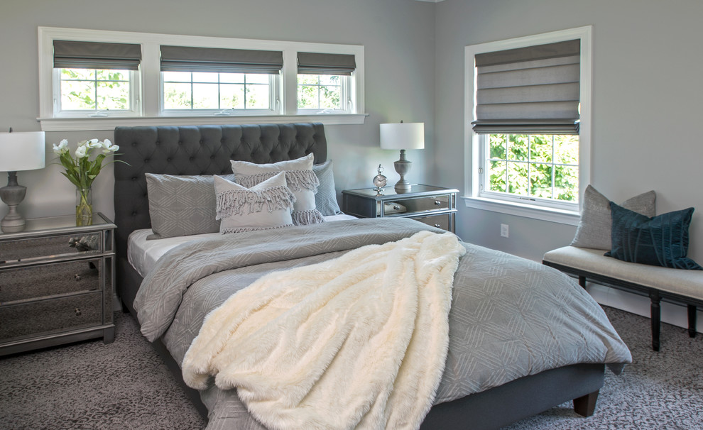 Design ideas for a transitional master bedroom in Philadelphia with grey walls, no fireplace, carpet and grey floor.