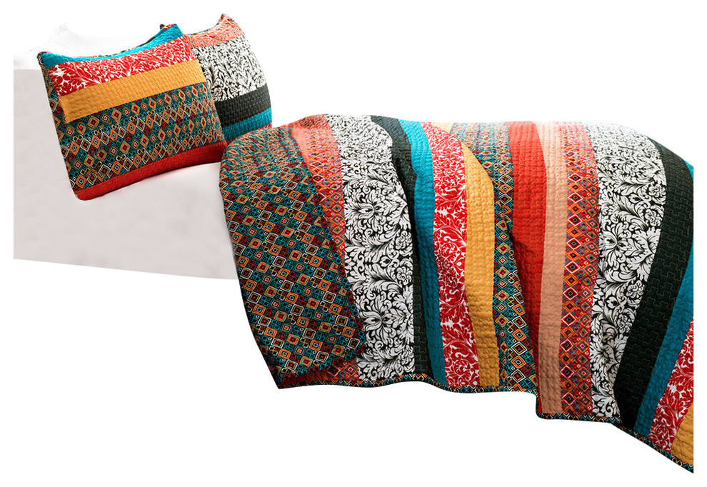 Boho Stripe Quilt Turquoise/Tangerine 3pc Set King Contemporary