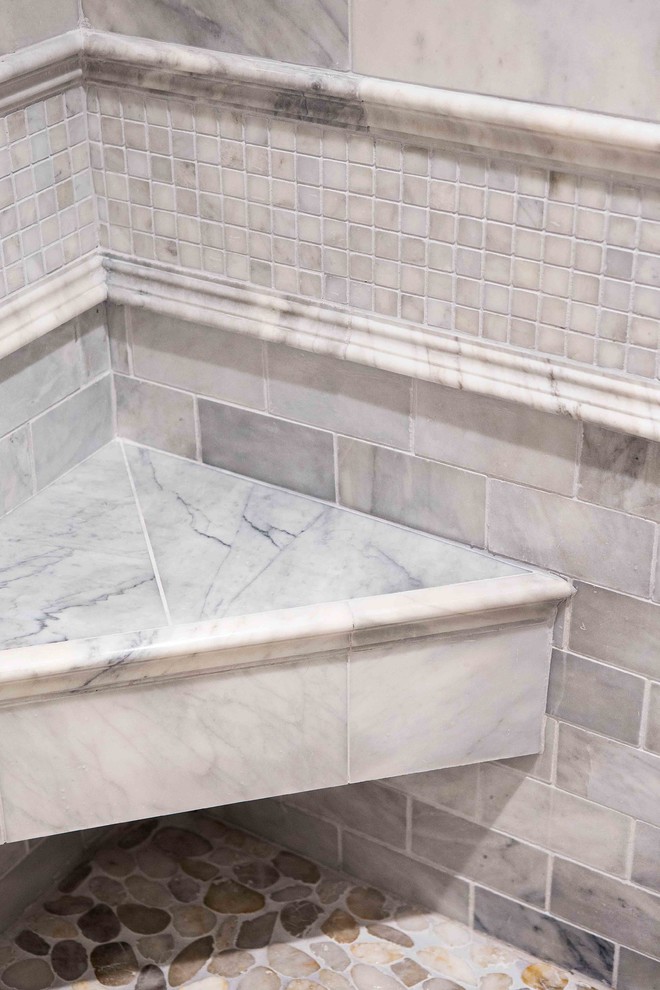Transitional 3/4 subway tile pebble tile floor bathroom photo