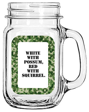 Glass Mason Jar "White with Possum, Red with Squirrel."