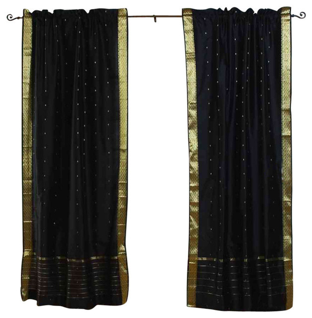 Black Rod Pocket Sheer Sari Curtain Drape Panel Piece