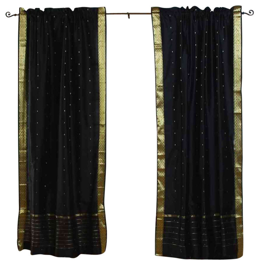Black Rod Pocket Sheer Sari Curtain Drape Panel Piece