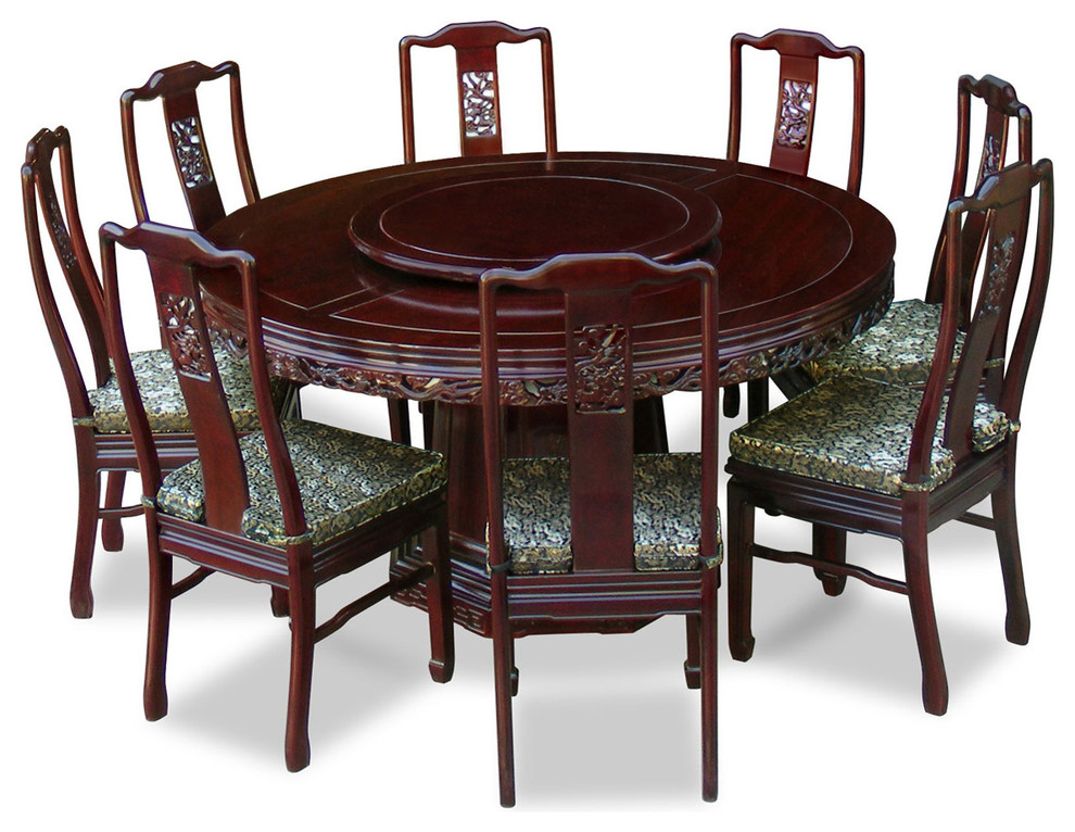 60" Rosewood Dragon Round Dining Table With 8 Chairs ...