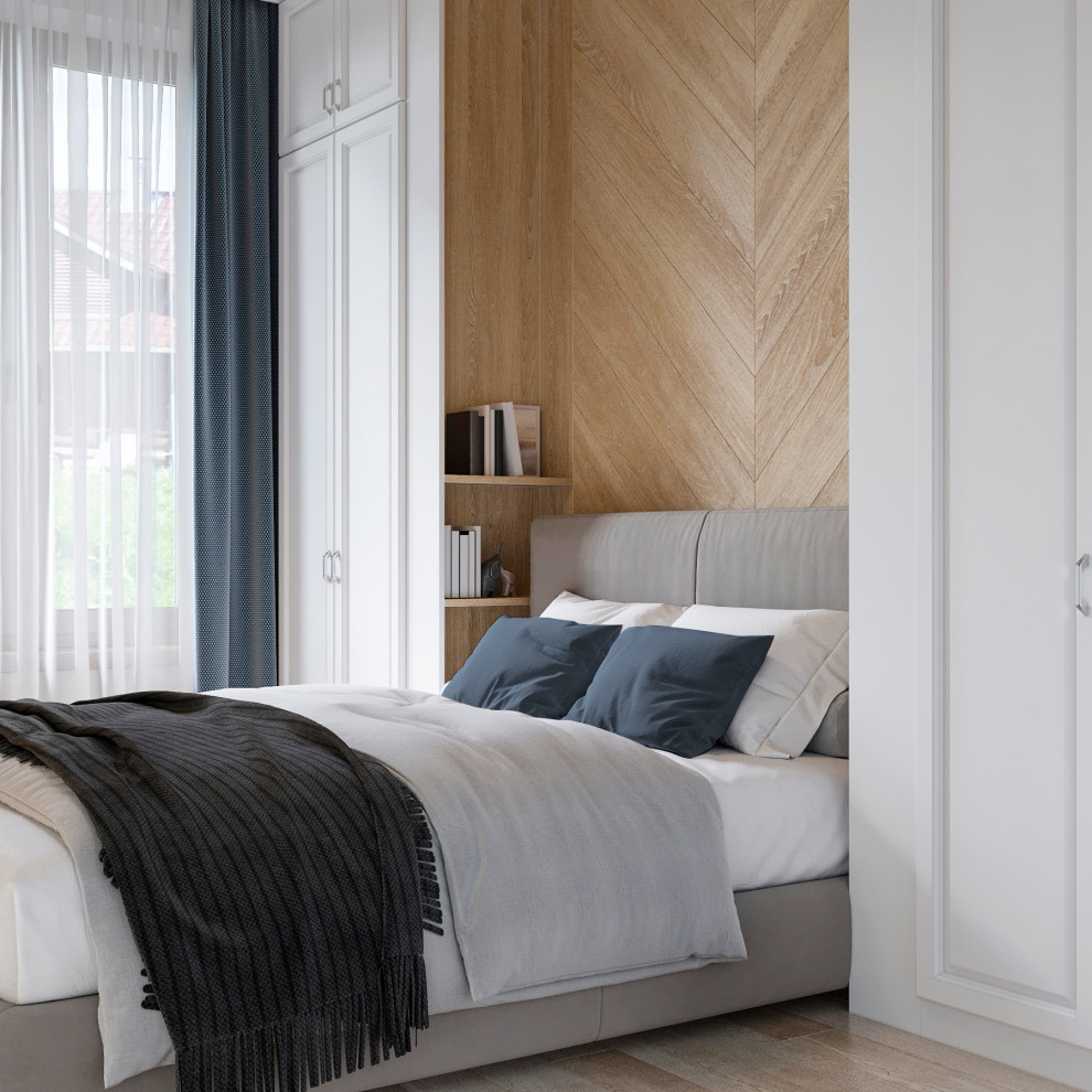 Стильный дизайн: спальня среднего размера в скандинавском стиле с паркетным полом среднего тона - последний тренд