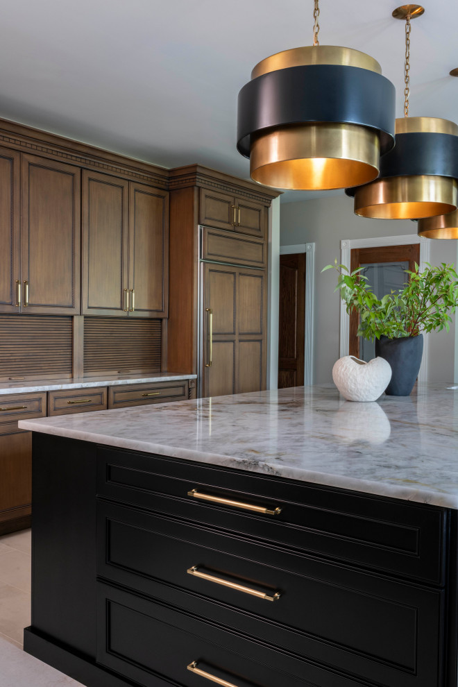 Large transitional porcelain tile and beige floor eat-in kitchen photo in Chicago with an undermount sink, medium tone wood cabinets, quartzite countertops, an island and multicolored countertops