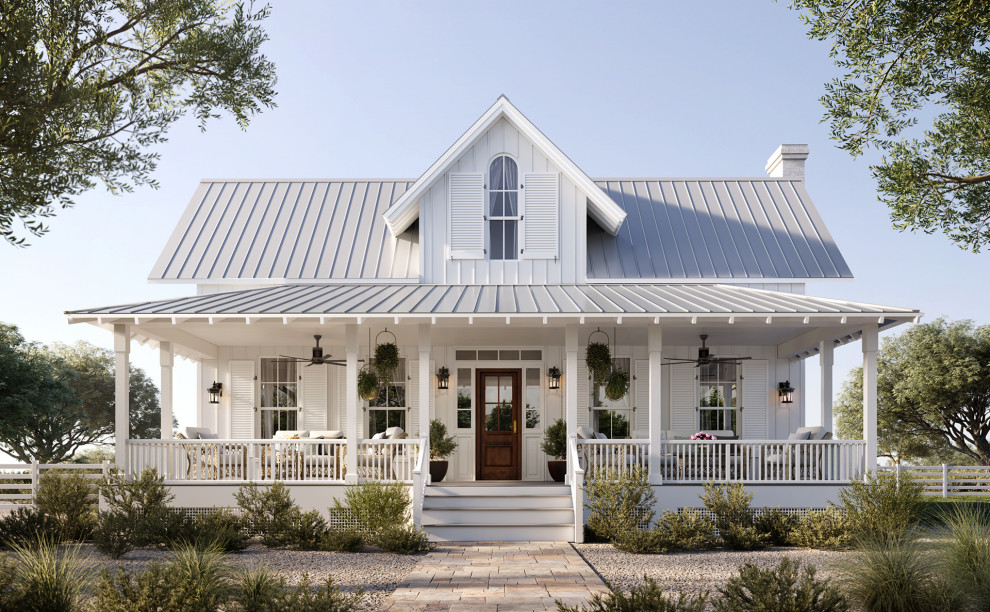 Mid-sized country one-storey white house exterior in Houston with mixed siding, a metal roof, a grey roof and board and batten siding.