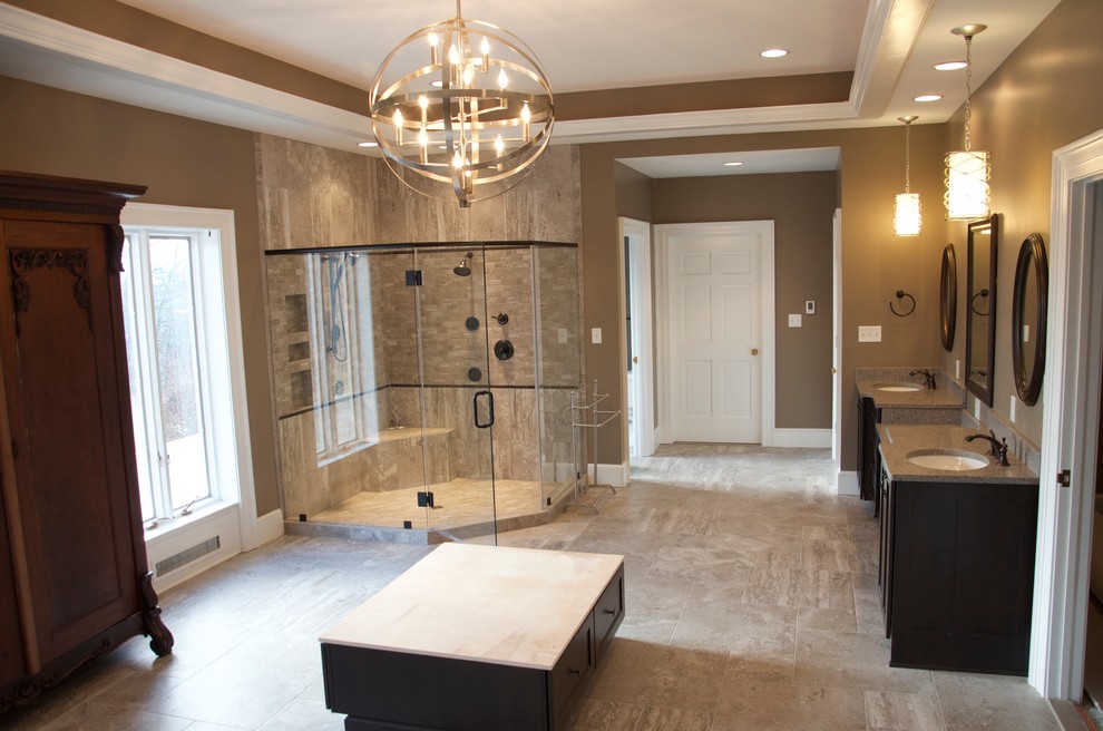 Inspiration for an expansive contemporary master bathroom in DC Metro with an undermount sink, shaker cabinets, dark wood cabinets, engineered quartz benchtops, a drop-in tub, a double shower, a bidet, multi-coloured tile, porcelain tile and porcelain floors.
