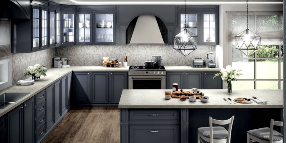 Inspiration for an eat-in kitchen in Other with glass-front cabinets, blue cabinets, grey splashback, porcelain floors, with island, brown floor and beige benchtop.
