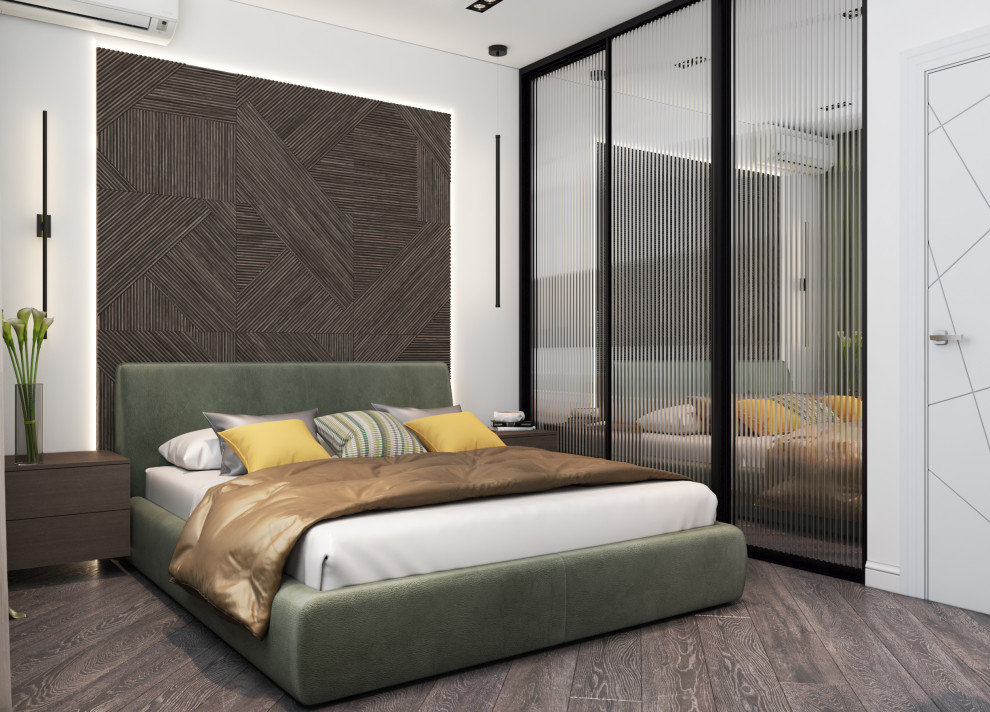 Kleines Modernes Hauptschlafzimmer mit weißer Wandfarbe, Vinylboden, braunem Boden und vertäfelten Wänden in Sonstige