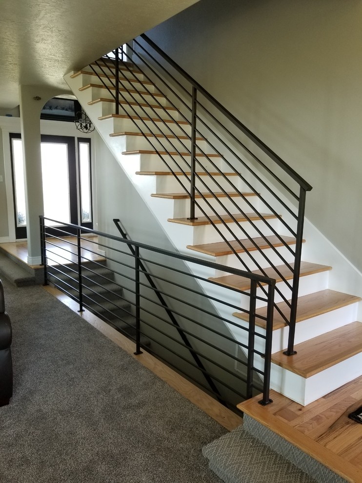 This is an example of a mid-sized contemporary wood floating staircase in Other with painted wood risers and metal railing.