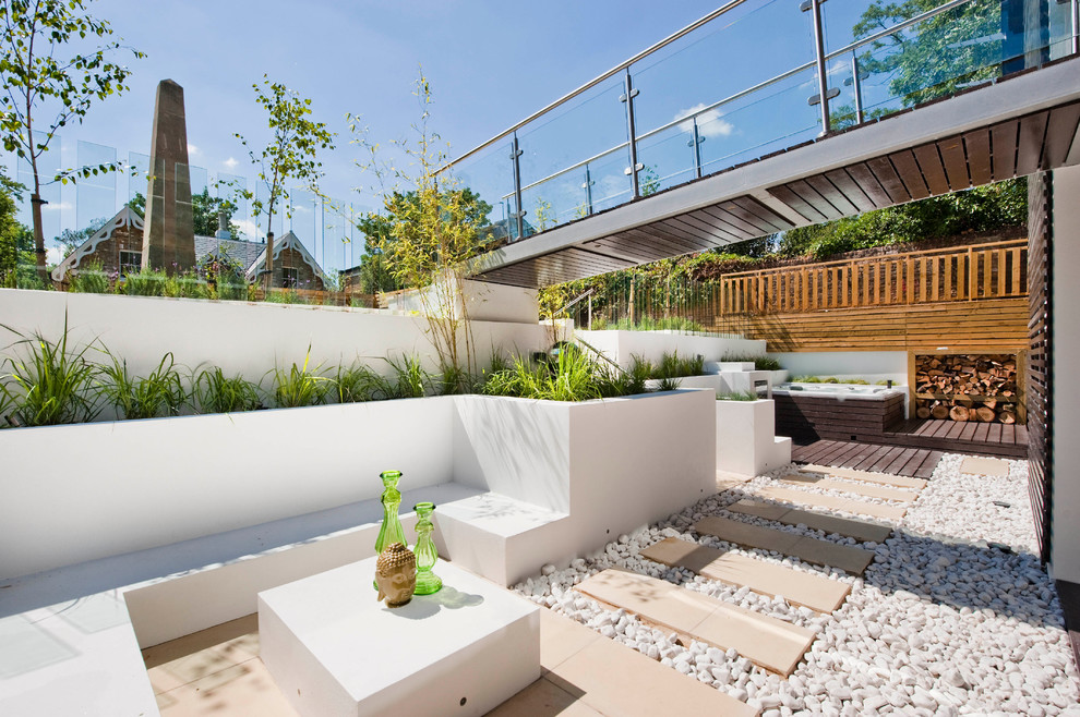 Design ideas for a modern backyard patio in London with decking.