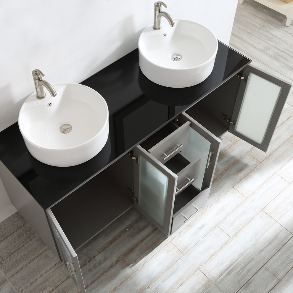 Example of a large trendy master white tile and subway tile painted wood floor, white floor, double-sink, vaulted ceiling and wood wall bathroom design in New York with shaker cabinets, gray cabinets, a bidet, white walls, a vessel sink, glass countertops, gray countertops and a freestanding vanity