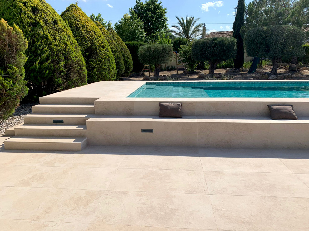 Foto di una grande piscina fuori terra minimalista personalizzata in cortile con paesaggistica bordo piscina e piastrelle