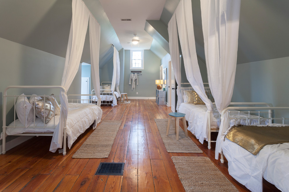 Mid-sized transitional loft-style bedroom in Nashville with blue walls and medium hardwood floors.