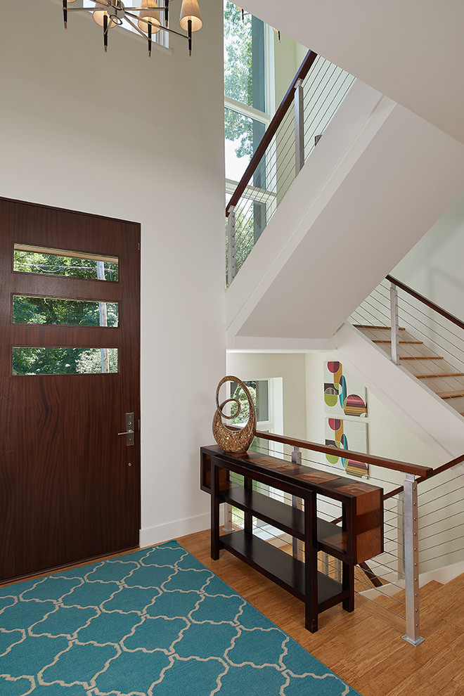 Design ideas for a large contemporary foyer in Grand Rapids with white walls, light hardwood floors, a single front door and a dark wood front door.