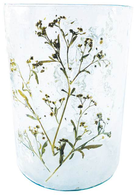 Tall Reclaimed Glass Votive Holder With Natural Botanicals, Clear ...