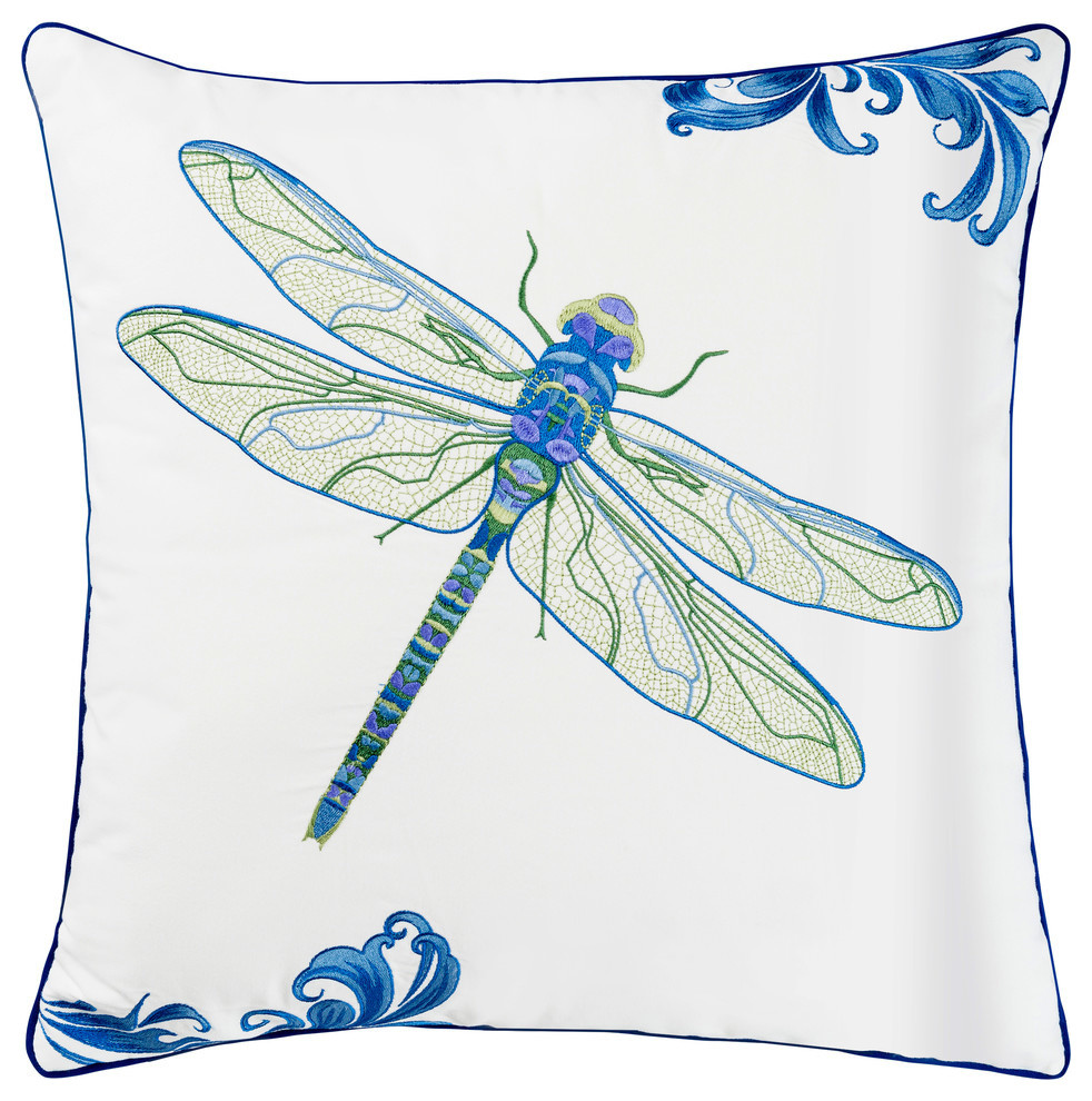 Dragonfly embroidered indoor/outdoor Sunbrella pillow Contemporary