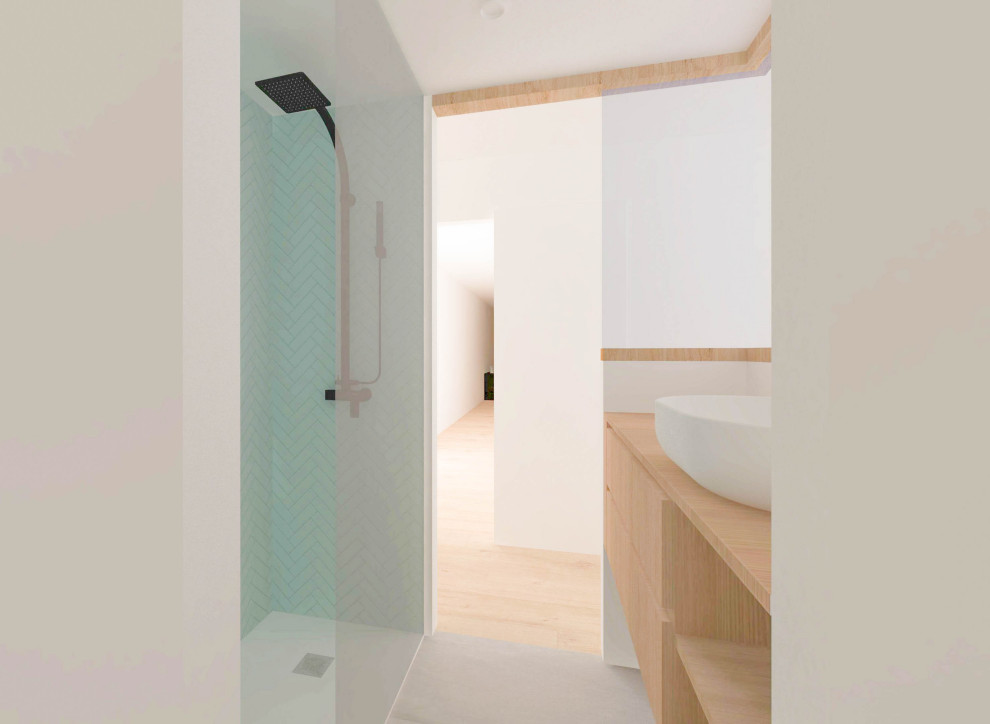 Inspiration för ett mellanstort minimalistiskt badrum för barn, med öppna hyllor, vita skåp, en toalettstol med hel cisternkåpa, grön kakel, keramikplattor, vita väggar, mellanmörkt trägolv, ett fristående handfat, träbänkskiva och dusch med skjutdörr