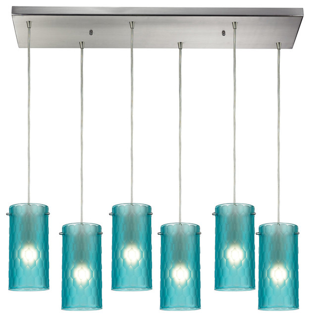 Synthesis 6 Light Pendant Contemporary Lighting By Elk Synthesis 6 Light Pendant Satin Nickel And Frosted Aqua Glass