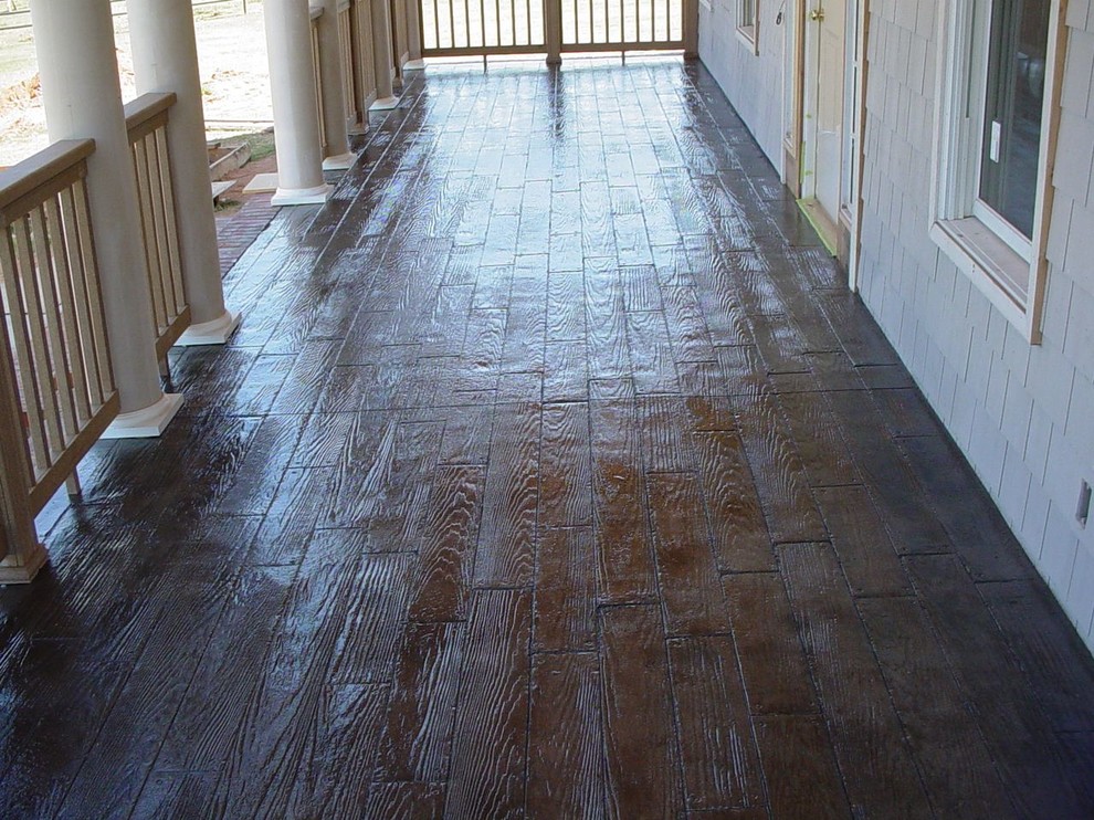 Wood Plank Stamped Stained Concrete Porch Traditional Porch