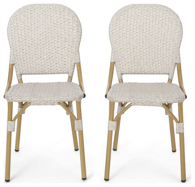 2 Pack Outdoor Bistro Dining Chair, Bamboo Finished Aluminum Frame