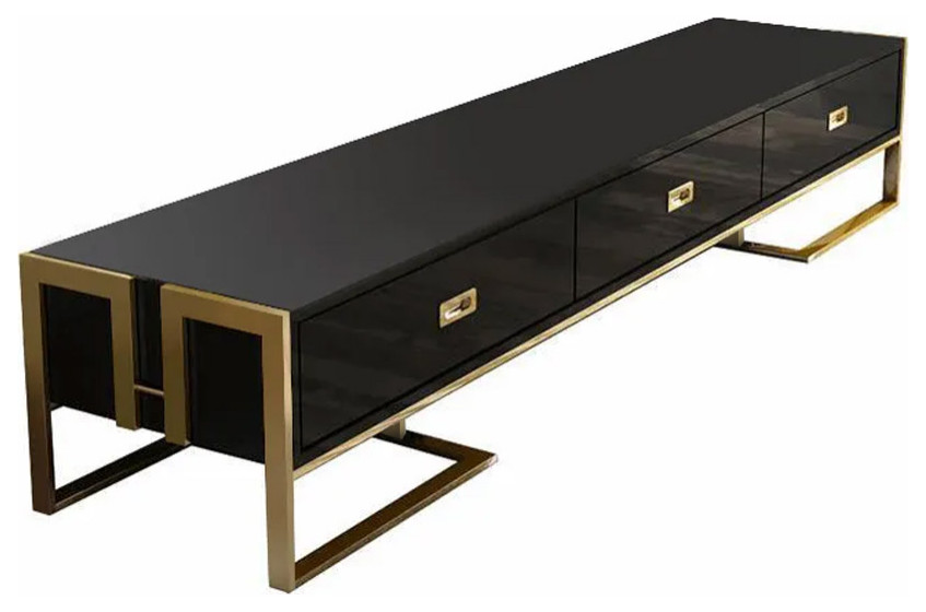 Black 71" TV Stand 3Drawer Media Stand with Gold Frame and Tempered
