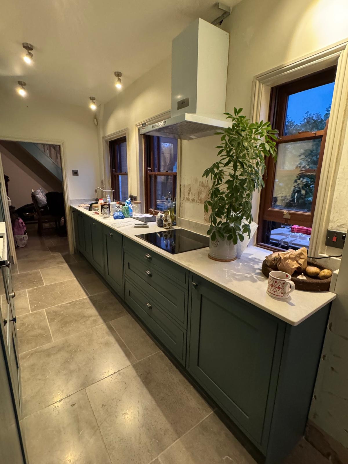 A Dark Coloured Gally Kitchen