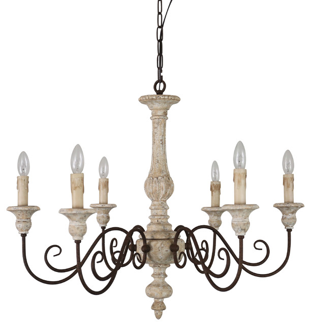 Distressed White Wood Chandelier, Antique French Country Chandeliers