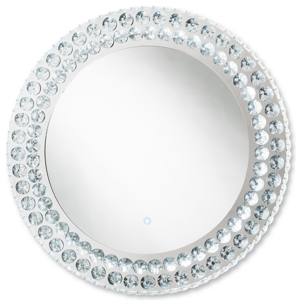Windsor Illuminated Crystal LED Wall Mirror, Chrome, Round Modern